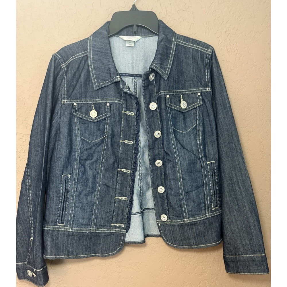 CHRISTOPHER & BANKS Denim Blazer W/ Rhinestone Silver Buttons & Ruffle Trim PL